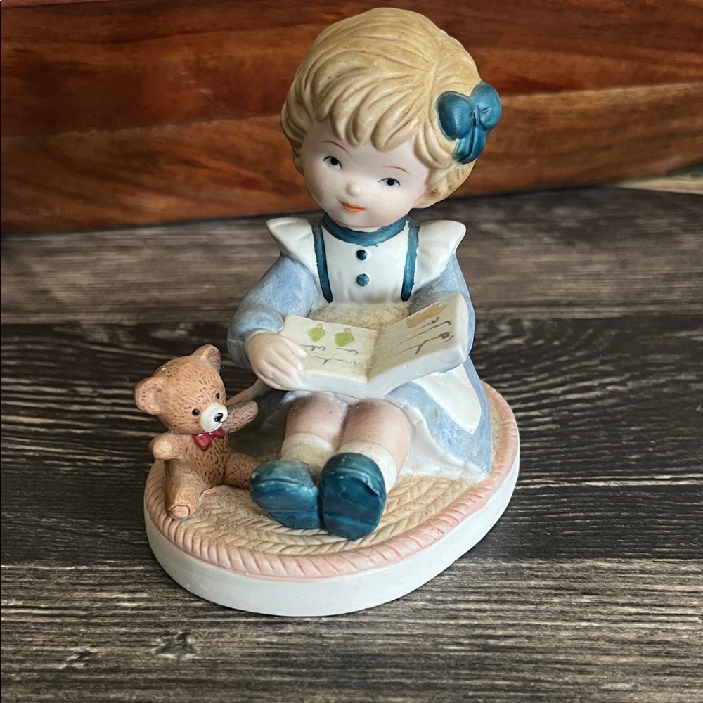 Vintage HOMCO Blue and Cream Girl Reading Figurine with Teddy